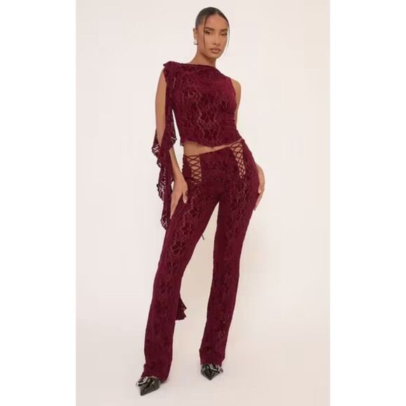 Ego NWT Low Rise Lace Up Front Flared Leg Trousers In Burgundy Devore Lace - SZ4 - Picture 1 of 4